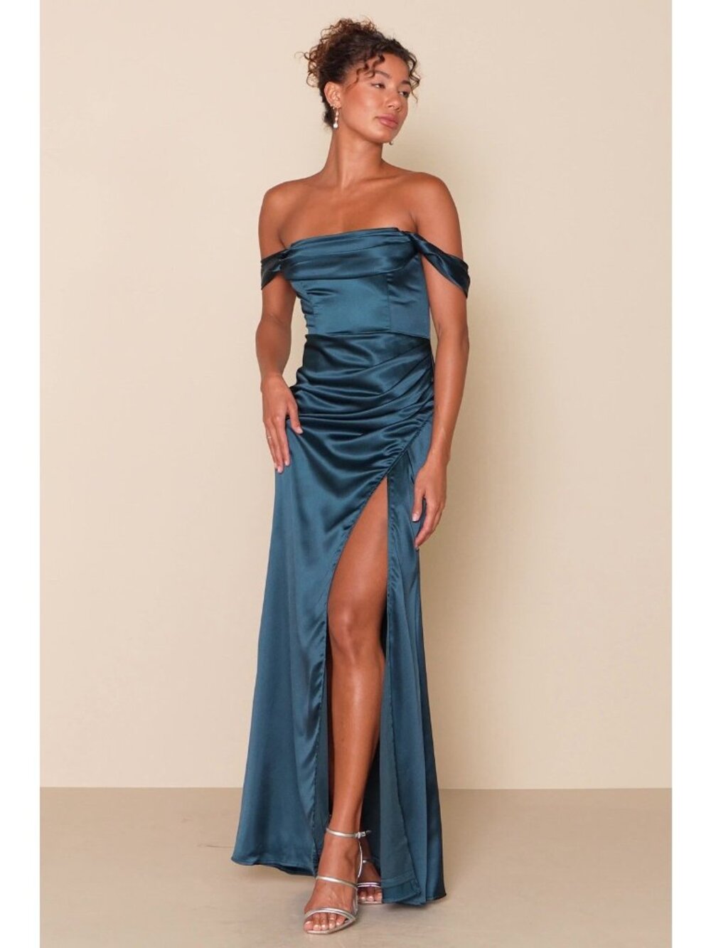 Lulus Stunning Arrival Maxi Dress Sz Medium Dark Teal Satin Off The Shoulder - Picture 7 of 8